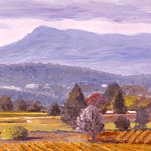 May include: A painting of a landscape with a mountain range in the background. The foreground features a field of golden brown crops, with trees and bushes scattered throughout. The sky is a soft purple and blue, with wispy clouds.