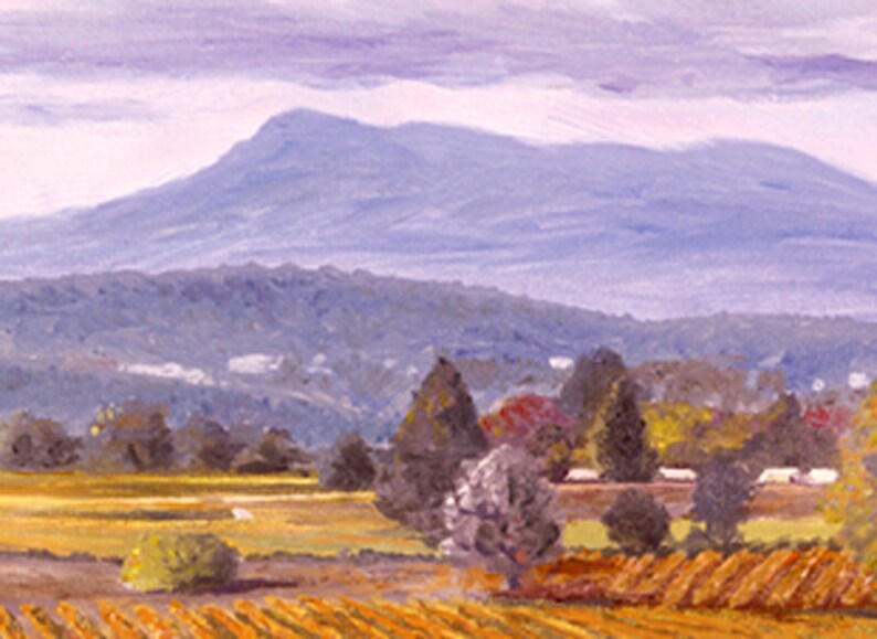 May include: A painting of a landscape with a mountain range in the background. The foreground features a field of golden brown crops, with trees and bushes scattered throughout. The sky is a soft purple and blue, with wispy clouds.