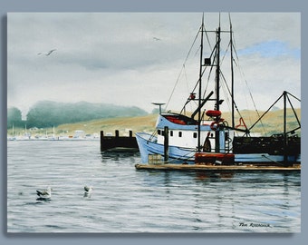Fishing Boat Print, Pacific, California Coast, Oil Seascape Painting, Bodega Bay