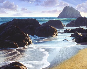 Giclee Print "Pacific Gold", Ocean Painting, Rocky Beach, Golden Sand, Sonoma Coast, Sunset Colors