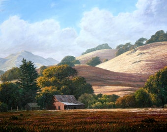Old Barn Painting, California Landscape Print, Marin Back Country, Golden Hills