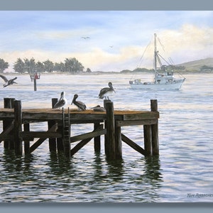 Pelicans on the Dock, Giclee Print, Nautical Art, Fishing Boats, Bodega Bay CA, Oil Painting