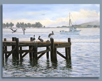 Pelicans on the Dock, Giclee Print, Nautical Art, Fishing Boats, Bodega Bay CA, Oil Painting