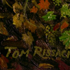 May include: Close-up of a dark green, brown, and orange painting with the artist's signature "TOM RISACHER" in black paint.