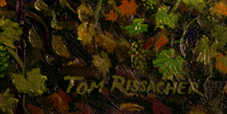 May include: Close-up of a dark green, brown, and orange painting with the artist's signature "TOM RISACHER" in black paint.