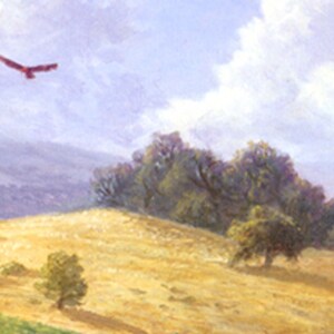 May include: A painting of a landscape with a rolling hill, trees, and a blue sky with white clouds. Two red birds are flying in the sky.
