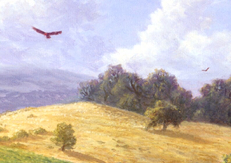 May include: A painting of a landscape with a rolling hill, trees, and a blue sky with white clouds. Two red birds are flying in the sky.