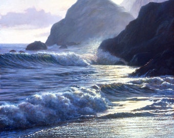Art Print on Canvas "North of Jenner", Seascape Painting, California Coast, Russian River Area, Sunset Reflections
