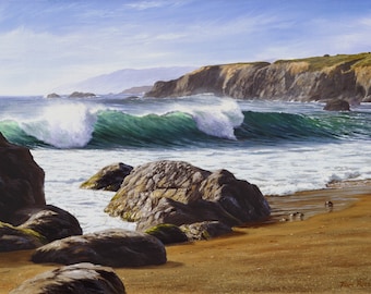 California Seascape "Schoolhouse Beach", Realist Ocean Painting, Giclee Prints, Rocky Coast Scene, Powerful Surf