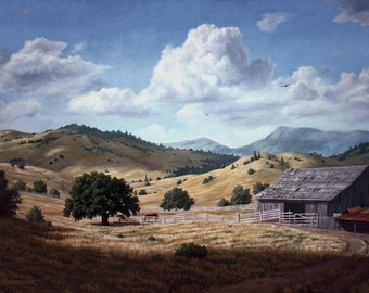 California Barn Art, Landscape Painting, Sonoma County Ranch Scene, Print on Canvas