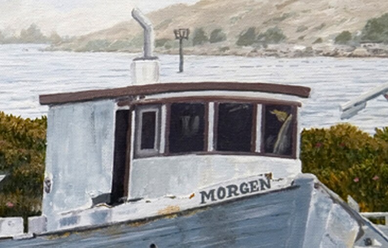 May include: A white wooden boat with a brown roof and a large window. The boat has a black chimney and the word "MORGEN" written on the side.