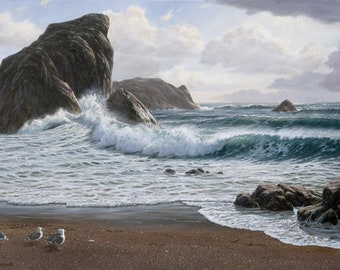 Print of Original Painting, "The Restless Sea", Seascape Art, Ocean Painting, California Coast, Sonoma Beach