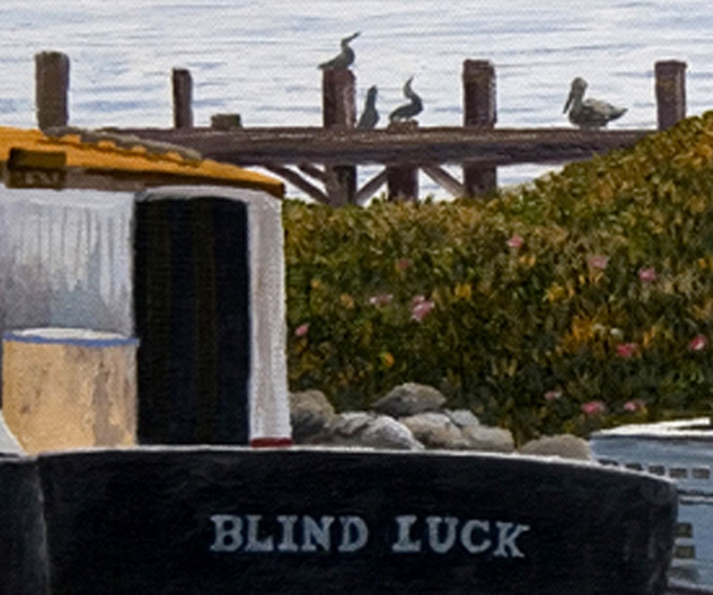 May include: A black boat with the words "BLIND LUCK" painted on the side. The boat is docked at a pier with several birds perched on the railing.