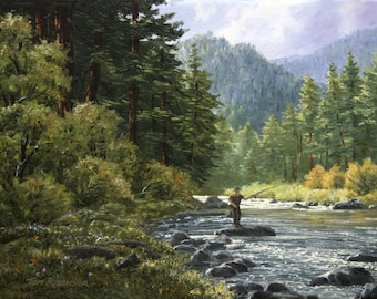 Print from the  16 x 20 painting "Among the Redwoods"-- fly fishing in northern California redwood forest