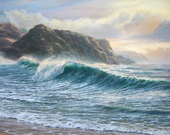 Print on Canvas "Northcoast Shorebreak", Seascape Art, Realist Painting, California Coast, Sunset Colors