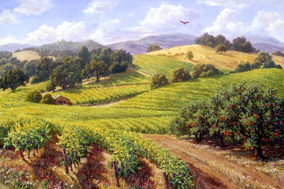 Vineyard Painting, "Westside Road", Landscape Print, California Scenery, Wine Country, Sonoma County