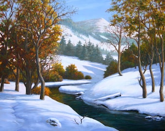 Canvas Print "Sierra Snow" Oil Painting, Sierra Nevada, Giclee Snow Scene, Mountain Vista, Winter Creek