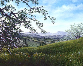 Apple Orchard Print, Sebastopol California, Landscape Paintings, Sonoma County, Blossoms, Mount St. Helena