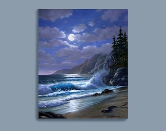 Moonlight Ocean Painting, Mendocino Coast Print, Beach Scene, Oil on Canvas