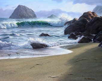 Giclee Print on Canvas, Ocean Painting, Pacific Coast, Jenner California, Sandy Beach