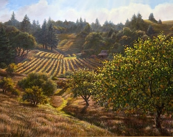 Vineyard Paintings, California Scenery, Oil on Canvas, Napa Wine Country Print