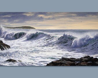 Giclee Print on Canvas,"North Swell", Seascape Art, Ocean Painting, Pink Sky, Sonoma Coast