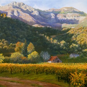 May include: A painting of a vineyard in autumn. Rows of grapevines with yellow leaves lead to a barn and a house. Mountains and trees are in the background under a blue sky.