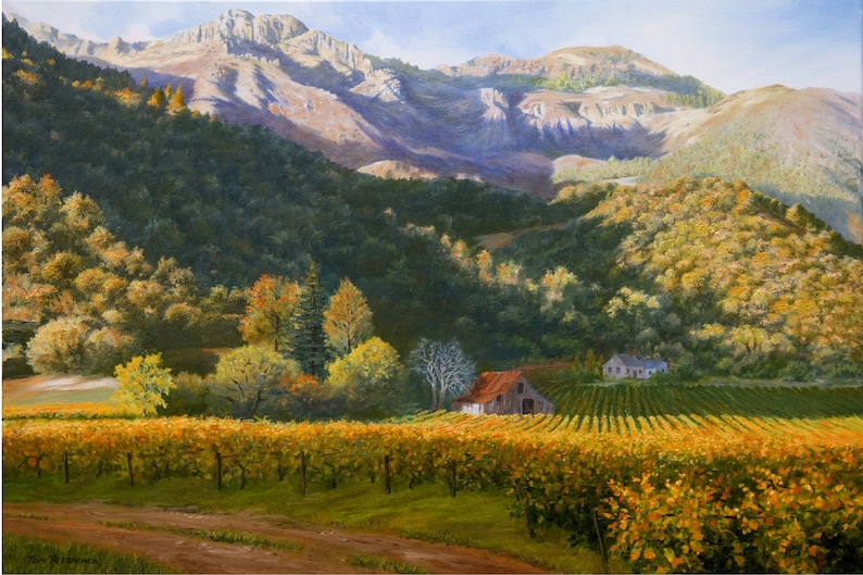 May include: A painting of a vineyard in autumn. Rows of grapevines with yellow leaves lead to a barn and a house. Mountains and trees are in the background under a blue sky.