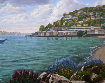 Giclee  Print "Sausalito Waterfront" Oil Painting, San Francisco Skyline, Sailboat, California Coastal Art