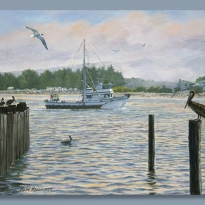 May include: An oil painting depicts a coastal scene with a white fishing boat sailing on calm water. Pelicans perch on wooden pilings, and a seagull flies overhead. The artwork is signed "TOM ROSSACHER" in the lower left corner.