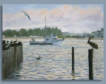Pelican Painting, Bodega Bay, Giclee Print, Fishing Boats, Seagulls, Sunset Colors