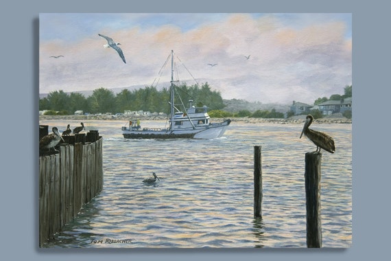 Pelican Painting, Bodega Bay, Giclee Print, Fishing Boats, Seagulls, Sunset Colors