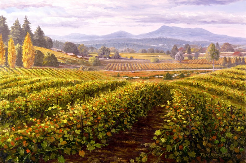 May include: A painting of a vineyard with rows of grapevines in the foreground. The vineyard is located on a hillside with a mountain range in the background. The sky is a light blue with white clouds. The leaves on the grapevines are a mix of green and yellow.
