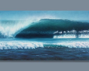 Surf Wall Art, "Kuta Reef", Airbrush Wave Painting, Giclee Print on Canvas, Bali Indonesia
