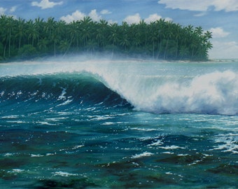 Tropical Wave Print, Coconut Trees, Coral Reef, Indonesia Surf Painting