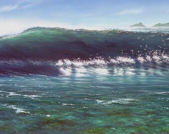 Tropical Turquoise Wave Oil Painting, Dolphins, Coral Reef Art Print