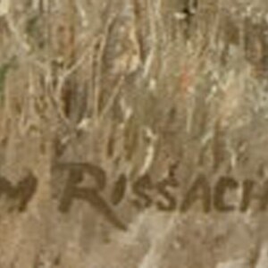May include: A close-up of a signature in brown ink on a textured beige background. The signature reads "Tom Risacher".