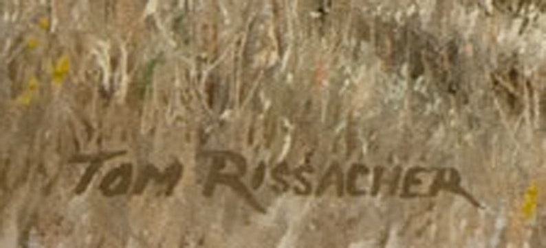 May include: A close-up of a signature in brown ink on a textured beige background. The signature reads "Tom Risacher".