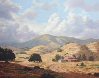 California Landscape Print "Fetherolf Ranch", Oil Painting, Old Barn, Oak Trees, Rolling Hills