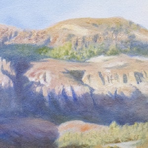 May include: An oil painting of a mountain landscape under a pale blue sky. The mountain is painted in shades of tan and brown, with touches of green vegetation. Shadows create depth, giving the scene a sense of dimension and perspective.