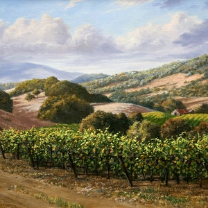 Vineyard Print, Landscape Paintings, California Wine Country Scenery, Oil on Canvas, Sonoma County Art
