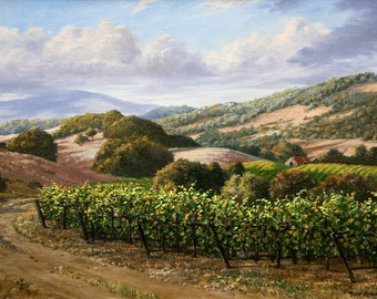 Vineyard Print, Landscape Paintings, California Wine Country Scenery, Oil on Canvas, Sonoma County Art
