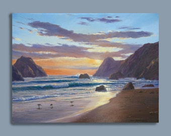 Ocean Sunset Painting, California Beach Scene, Sonoma Coast Print