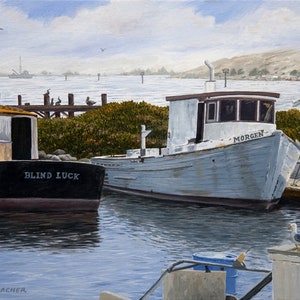 May include: Two boats docked at a pier. The boat on the left is black with the name "BLIND LUCK" painted on the side. The boat on the right is white with the name "MORGEN" painted on the side. The boats are docked in a harbor with a blue sky and white clouds in the background.