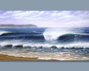 Surf Art, Airbrush Wave Print, Acrylic Seascape, Ocean Painting , California Beach Scene,