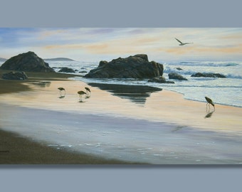 Giclee Print on Canvas,"Receding Tide", Seascape Art, Ocean Painting, California Coast, Sandpipers on Beach
