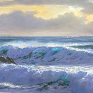 May include: A painting of a seascape with a cloudy sky and waves crashing on the shore. The water is a deep blue and the sky is a light blue with white clouds. The waves are white and foamy.