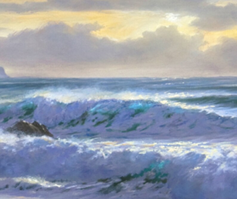 May include: A painting of a seascape with a cloudy sky and waves crashing on the shore. The water is a deep blue and the sky is a light blue with white clouds. The waves are white and foamy.