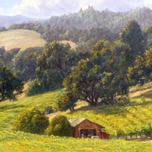 May include: A painting of a rural landscape with rolling hills, green trees, and a small wooden building. The scene is bathed in warm sunlight, creating a peaceful and idyllic atmosphere.