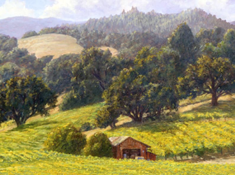 May include: A painting of a rural landscape with rolling hills, green trees, and a small wooden building. The scene is bathed in warm sunlight, creating a peaceful and idyllic atmosphere.